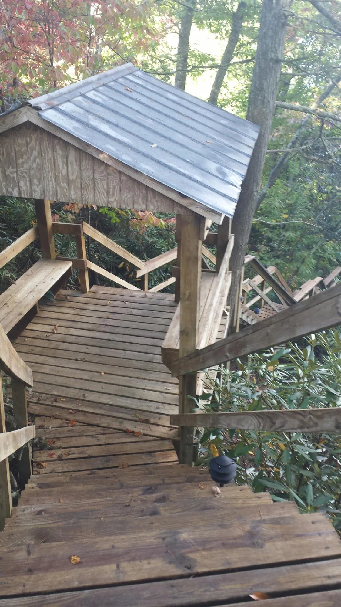 Metal roofed shelter over wooden steps on a wooded walkway — Skylight Repair & Installation work by our crew in Conway Springs